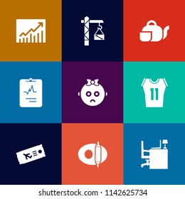Modern, simple vector icon set on colorful flat backgrounds with progress, basketball, shirt, medicine, success, cardiology, plane, ticket, tea, hammer, child, medical, saw, teapot, table, kid icons