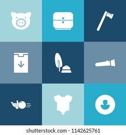 Modern, simple vector icon set on colorful blue backgrounds with child, swine, kid, business, ink, livestock, hog, light, pig, animal, lamp, farming, pork, hammer, human, web, piglet, sport, pen icons
