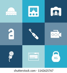 Modern, simple vector icon set on colorful blue backgrounds with clean, audio, sunrise, landscape, sun, sunny, signal, brush, christmas, kilogram, care, privacy, motel, health, wireless, sunset icons