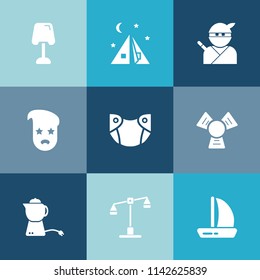 Modern, simple vector icon set on colorful blue backgrounds with lamp, tourism, interior, ship, tent, white, diaper, samurai, japan, style, camp, weapon, outdoor, law, japanese, light, summer icons