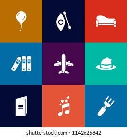 Modern, simple vector icon set on colorful flat backgrounds with office, lake, hat, interior, style, note, music, sofa, airplane, headwear, knife, room, home, brochure, plane, party, river, file icons
