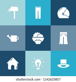 Modern, simple vector icon set on colorful blue backgrounds with post, business, letter, hat, food, white, electricity, house, elegant, light, fashion, message, idea, motorbike, men, agriculture icons