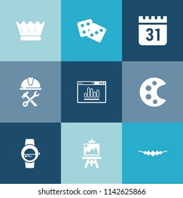 Modern, simple vector icon set on colorful blue backgrounds with artist, luck, success, foreman, construction, kingdom, site, watch, schedule, win, accessory, royal, luxury, male, casino, day icons