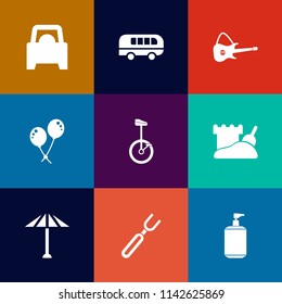 Modern, simple vector icon set on colorful flat backgrounds with music, dinner, umbrella, restaurant, sign, automobile, traffic, urban, party, tower, musical, transportation, air, rock, guitar icons