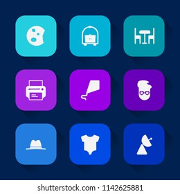 Modern, simple vector icon set on colorful long shadow backgrounds with joy, bed, hipster, radio, restaurant, child, fun, signal, hotel, equipment, printer, food, print, service, cake, tourism icons.