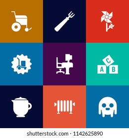 Modern, simple vector icon set on colorful flat backgrounds with education, floral, work, alphabet, knife, meal, spring, space, restaurant, heater, dinner, desk, teapot, disability, nature, 