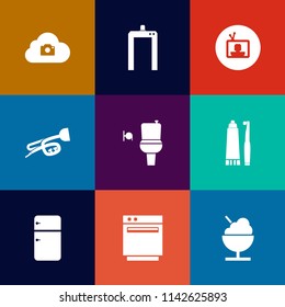 Modern, simple vector icon set on colorful flat backgrounds with scan, oven, wc, music, gas, photo, entertainment, media, toothbrush, food, equipment, xray, trumpet, technology, public, bathroom icons