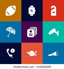Modern, simple vector icon set on colorful flat backgrounds with smart, sign, id, technology, protection, weather, label, device, space, grass, shine, goal, privacy, hotel, camera, flashlight icons