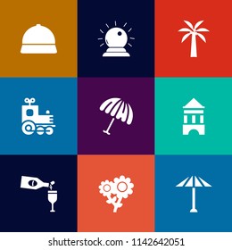 Modern, simple vector icon set on colorful flat backgrounds with , network, hat, red, wine, alcohol, sorcery, japan, protection, train, vehicle, open, drink, technology, rain, umbrella, white icons