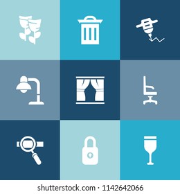 Modern, simple vector icon set on colorful blue backgrounds with trash, rubbish, interior, chair, comfortable, hand, glass, garbage, equipment, petal, lamp, nature, alcohol, spring, summer, sign icons
