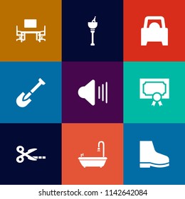 Modern, simple vector icon set on colorful flat backgrounds with cut, white, party, business, alcohol, construction, bottle, automotive, frame, notebook, space, sign, music, drink, tool, audio icons