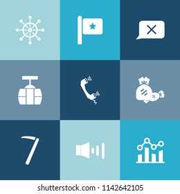 Modern, simple vector icon set on colorful blue backgrounds with sky, boat, banner, chart, car, candy, trend, train, flag, cable, lollipop, chat, national, sweet, country, wrench, graph, red icons