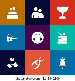 Modern, simple vector icon set on colorful flat backgrounds with sound, pointer, dentist, medical, musical, cupcake, alarm, bakery, body, cake, alert, cookie, sweet, glass, look, guitar, map icons