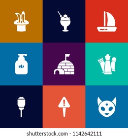 Modern, simple vector icon set on colorful flat backgrounds with chess, game, vanilla, strategy, liquid, wind, soap, danger, light, food, city, ice, sweet, hat, exclamation, dessert, house, wand icons