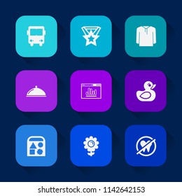 Modern, simple vector icon set on colorful long shadow backgrounds with blossom, award, shirt, vehicle, toy, health, rubber, restaurant, prize, play, road, spring, clothing, jacket, bear, bus icons.