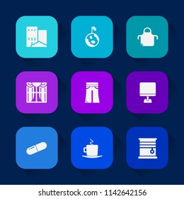 Modern, simple vector icon set on colorful long shadow backgrounds with universe, cook, kitchen, planet, estate, female, woman, pants, cup, chef, coffee, computer, pill, medical, cappuccino, pc icons.