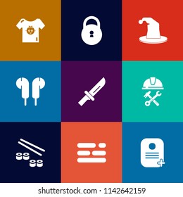 Modern, simple vector icon set on colorful flat backgrounds with magician, template, construction, entertainment, dinner, audio, seafood, layout, child, fork, salmon, industry, circus, fish, fun icons