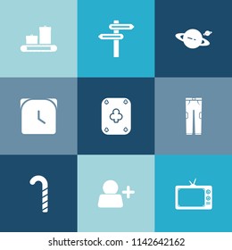Modern, simple vector icon set on colorful blue backgrounds with pants, saturn, banner, poker, cosmos, speed, baggage, clock, card, suitcase, arrow, play, timer, account, hour, television, food icons