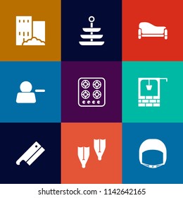 Modern, simple vector icon set on colorful flat backgrounds with architecture, room, belt, meat, equipment, food, interior, worker, work, meal, helmet, stone, stove, cook, delete, dinner, oven icons