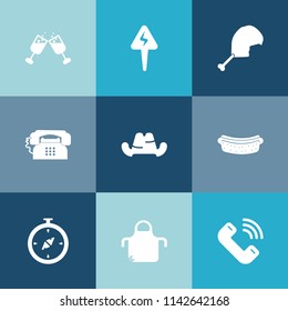Modern, simple vector icon set on colorful blue backgrounds with liquid, hat, food, bird, telephone, headwear, energy, map, style, compass, wine, poultry, north, hotdog, bar, animal, call, power icons