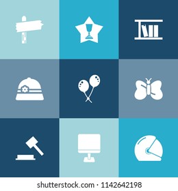 Modern, simple vector icon set on colorful blue backgrounds with school, library, rider, celebration, street, insect, justice, law, sign, biker, motorcycle, achievement, decoration, book, judge icons