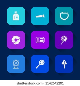 Modern, simple vector icon set on colorful long shadow backgrounds with gadget, cake, dental, watch, lamp, doughnut, dessert, business, utensil, energy, time, mouth, electric, kitchen, identity icons.