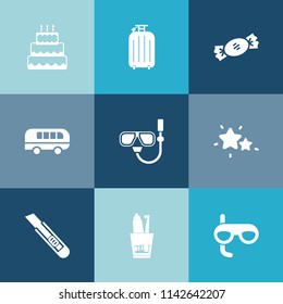 Modern, simple vector icon set on colorful blue backgrounds with nature, pastry, cake, toothpaste, stick, striped, night, sea, pie, transportation, sky, sugar, suitcase, dessert, snorkel, cutter icons