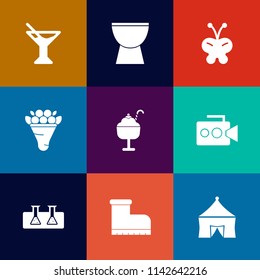 Modern, simple vector icon set on colorful flat backgrounds with tropical, instrument, glass, musical, pink, circus, science, juice, bouquet, sound, tent, laboratory, nature, summer, video, drum icons
