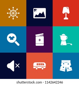 Modern, simple vector icon set on colorful flat backgrounds with frame, blank, interior, tea, table, lamp, sound, road, navigation, drink, sea, woman, rudder, speed, old, female, template, helm icons
