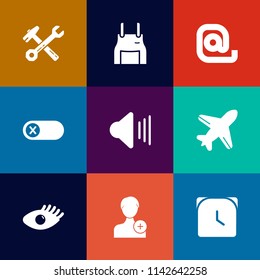 Modern, simple vector icon set on colorful flat backgrounds with uniform, girl, hammer, airplane, audio, minute, construction, apron, volume, aircraft, time, deactivate, add, tool, repair, up icons