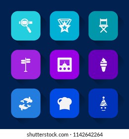 Modern, simple vector icon set on colorful long shadow backgrounds with sea, graphic, party, sign, medal, street, sweet, travel, wireless, antenna, seafood, technology, food, chair, chef, fish icons.