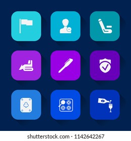 Modern, simple vector icon set on colorful long shadow backgrounds with kitchen, delete, cricket, player, red, avatar, champion, cook, flag, collection, equipment, poker, profile, machinery icons.