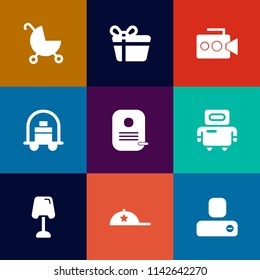 Modern, simple vector icon set on colorful flat backgrounds with baby, service, celebration, cap, wheel, human, family, clothing, robot, bellboy, contact, perambulator, buggy, baggage, home, kid icons