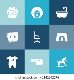 Modern, simple vector icon set on colorful blue backgrounds with adhesive, toilet, christmas, chair, cupcake, tape, play, bathroom, cookie, baby, horse, toy, interior, horror, muffin, warm, cute icons