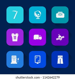 Modern, simple vector icon set on colorful long shadow backgrounds with fuel, delivery, travel, female, banner, style, shirt, world, global, sign, object, planet, earth, sport, work icons.