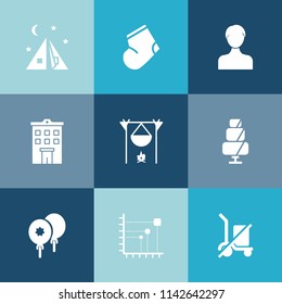 Modern, simple vector icon set on colorful blue backgrounds with building, hot, scale, house, data, summer, account, send, tourism, clothes, birthday, travel, user, leisure, autumn, flame, sweet icons
