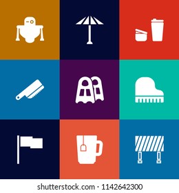 Modern, simple vector icon set on colorful flat backgrounds with cup, technology, robot, musical, mug, road, traffic, robotic, street, traditional, brown, cafe, digital, kitchen, culture, knife icons