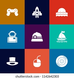 Modern, simple vector icon set on colorful flat backgrounds with beautiful, play, satellite, controller, universe, board, astronaut, nature, craft, light, spaceship, auto, gaming, sunny, button icons