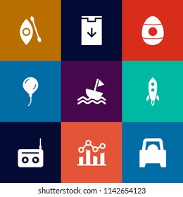 Modern, simple vector icon set on colorful flat backgrounds with web, trend, birthday, easter, sail, activity, equipment, kayaking, balloon, website, yacht, water, sailboat, kayak, sea, car, egg icons