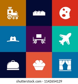Modern, simple vector icon set on colorful flat backgrounds with box, fruit, wild, curtain, service, home, texas, chocolate, nature, ripe, doughnut, cowboy, healthy, west, travel, cake, sweet icons