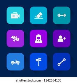 Modern, simple vector icon set on colorful long shadow backgrounds with gym, movie, street, orbit, girl, planet, fitness, drawing, eraser, space, video, sign, face, car, tool, lady, add icons.