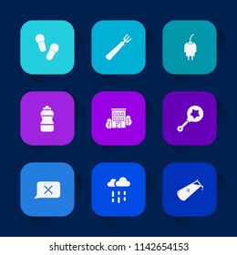 Modern, simple vector icon set on colorful long shadow backgrounds with drink, chemical, wet, slipper, baby, rattle, soda, chemistry, mobile, footwear, water, pair, child, knife, fashion, meal icons.