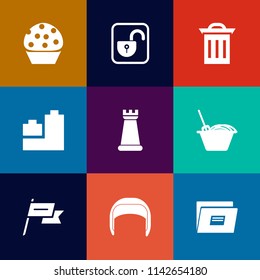 Modern, simple vector icon set on colorful flat backgrounds with unlock, open, cupcake, strategy, chinese, garbage, bakery, cookie, box, safe, recycle, patriotism, belt, play, security, waste icons