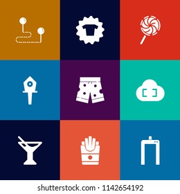 Modern, simple vector icon set on colorful flat backgrounds with direction, house, sweet, spring, cocktail, place, stick, fast, birdhouse, shirt, nest, summer, candy, potato, machine, sign, scan icons