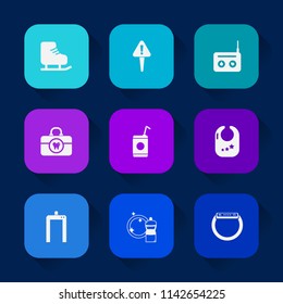 Modern, simple vector icon set on colorful long shadow backgrounds with smart, gadget, attention, caution, exclamation, music, rattle, web, scan, hygiene, ice, sound, drink, skating, toy, baby icons.