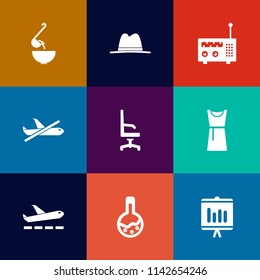 Modern, simple vector icon set on colorful flat backgrounds with music, airport, comfort, flight, food, sign, meal, medicine, room, hot, white, radio, equipment, comfortable, chair, dinner, pour icons