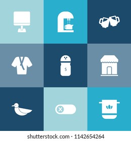 Modern, simple vector icon set on colorful blue backgrounds with alcohol, bar, cafe, bathroom, switch, seasoning, food, monitor, shop, cloth, bird, animal, beer, cotton, fashion, pepper, spice icons