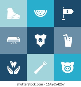 Modern, simple vector icon set on colorful blue backgrounds with business, dental, child, dinner, health, bank, footwear, pork, baby, summer, vegetarian, spoon, fork, pig, fresh, sign, healthy icons