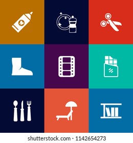 Modern, simple vector icon set on colorful flat backgrounds with chocolate, library, housework, boot, black, beach, sign, paper, paste, chair, toothbrush, bar, equipment, hygiene, spoon, knife icons