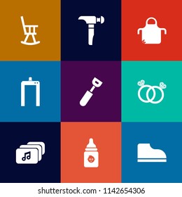 Modern, simple vector icon set on colorful flat backgrounds with romance, diagnostic, protective, saw, xray, diamond, modern, scanner, bottle, equipment, ring, furniture, footwear, music, spoon icons